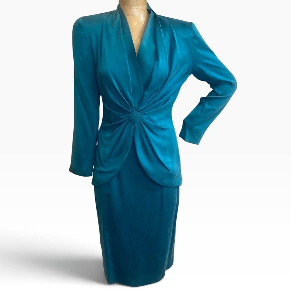 VTG Papell Too Silk Skirt Suit 2-Pc Set Sz 6 Teal Blue #79Q